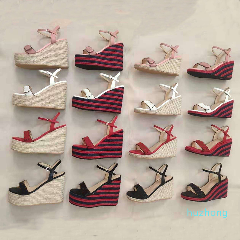 

2021 Designer Wedge sandal Women's leather platform espadrille 8-13cm High Heels Adjustable ankle strap sandals Summer Party Wedding Shoes, Color 1