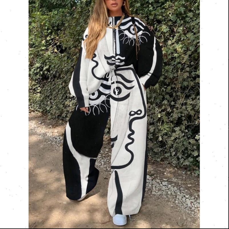 

2 piece sets african womens tracksuits o neck black and white print elastic sweatshirt lace up sweatpants kniting casual suits, Gray