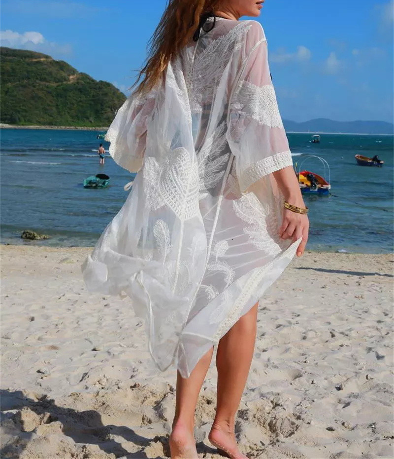 

Women's Swimwear Women Mesh Cover up Saida de Praia Lace Embroiry Swimsuit Sarong Kimono Summer Beach Vestidos TPOX, White