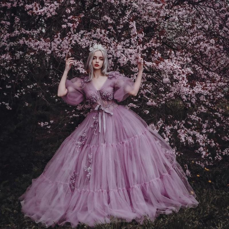 

Wraps & Jackets Elegant Purple Tulle Bridal Bathrobe Floral Puffy Short Sleeves Wedding Sleepwear Nightgowns Party Wear For Po Prom Dress, Same as picture