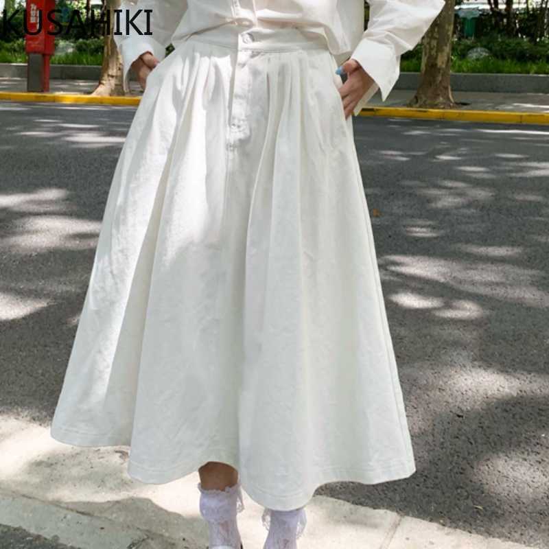 

Korean Chic Summer Woman Skirt High Waisted Elegant A-line Skirts Solid Fashion Faldas De Mujer 6H345 210603, White