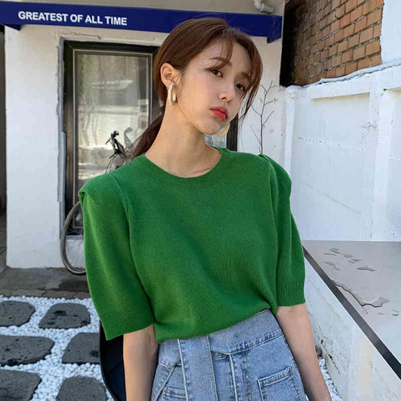 

Lucyever Fashion Slim Knit T-shirts Women Summer Casual O-neck Short Sleeve Tees Woman Korean Solid Chic Ladies Tops 210521, Green