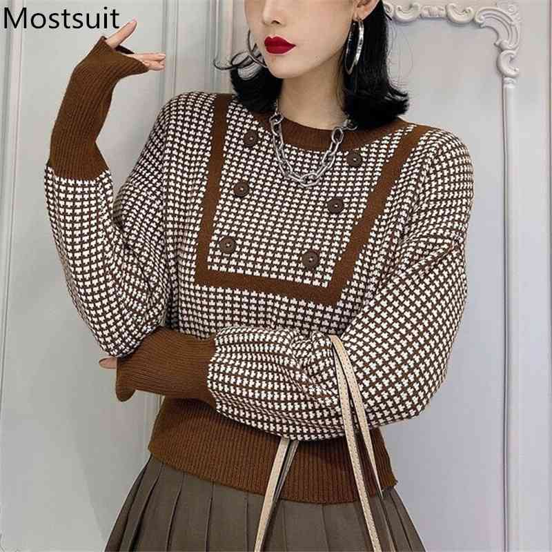 

Korean Plaid Knitted Short Pullover Tops Autumn Winter Long Sleeve O-neck Buttons Vintage Fashion Sweater Jumpers Femme 210518, Coffee