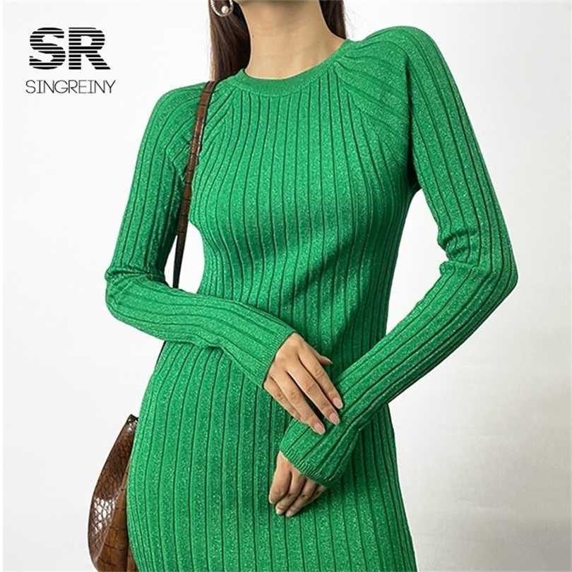 

SINGREINY Women Sweater O neck Dresses Long Sleeves Sexy Midi Fashion Elastic Autumn Knitted Party Dress 211109, Dark greed
