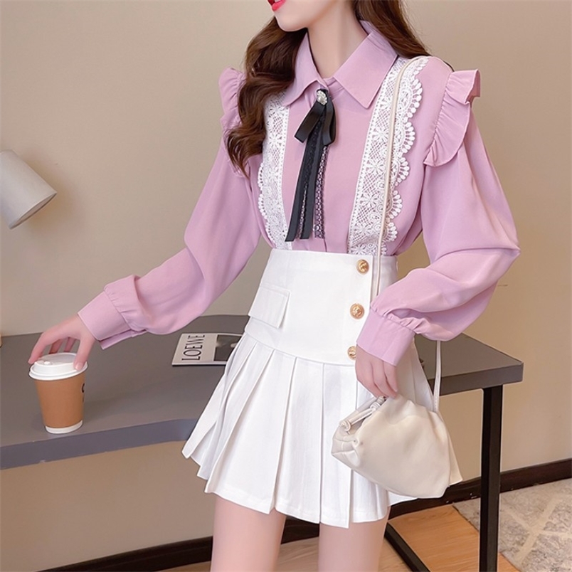 

Girl Student 2 Piece Set Korea Sweet Bow Ruffles Long Sleeve Chiffon Shirts + High Waist Pleated Short Skirts Fashion Outfits 210519, Photo color