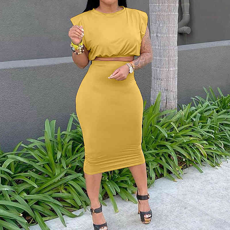 

Women Dress Set Padded O Neck Casual Tank Top & Midi Pencil Skirt Solid Color 2 Piece Bodycon Dresses Suit 210521, Orange