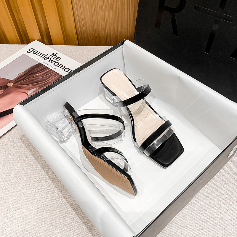 

Sandals sandals women French high heels Xia Fangtou thick heel fashion fairy 2060-6 8NCO, Black