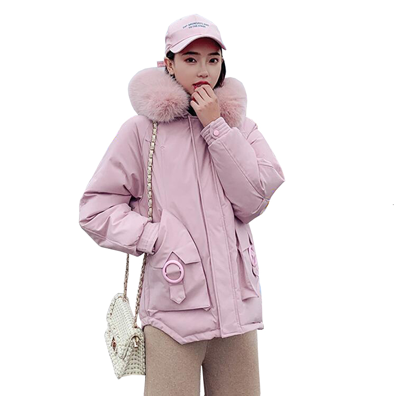 

down winter jacket short coat hooded Parkas for women Cotton Padded Thick warm Outwear Fur Collar chaqueta mujer, Black