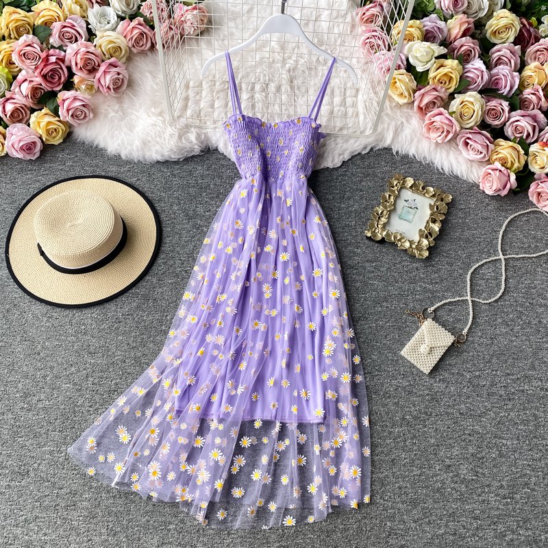 

Women Daisy Print Dresses Summer Sexy Lace Mesh Dresses Spaghetti Strap Ruched Floral Korean Style Dress Purple, Black