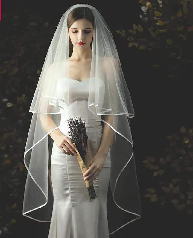 

Bridal Veils Veil Satin Ribbon Weding Dreses Simiple Tulle Binding, White