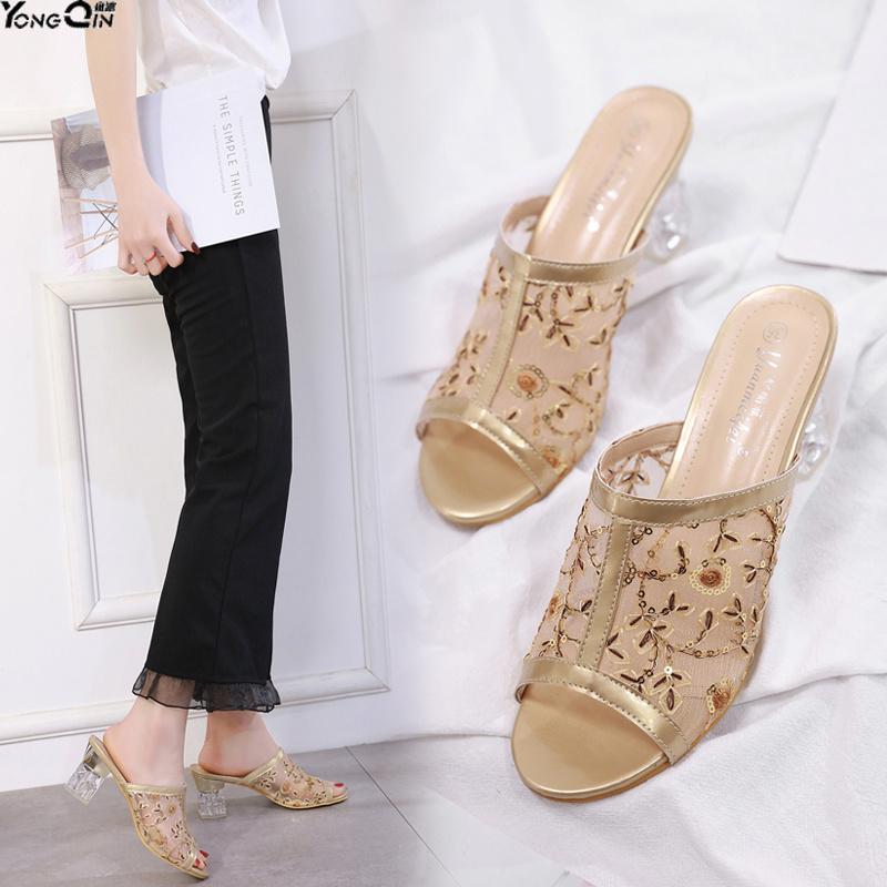 

Spring Summer Embroidery Women's Sandals Sexy Crystal Thick Heel Women, Black