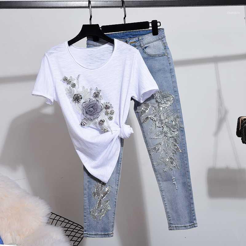 

Summer Fashion Sequins Embroidery Flowers T Shirt Frayed Denim Pants Two Piece Set Women Loose White Jeans Suit Female1