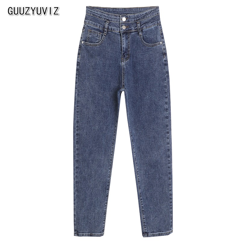 

GUUZYUVIZ Blue Gray er Stretch Jeans Woman Mom High Waist Plus Size Denim Harem Pants Ladies Jean Trousers Femme 5XL Casual
