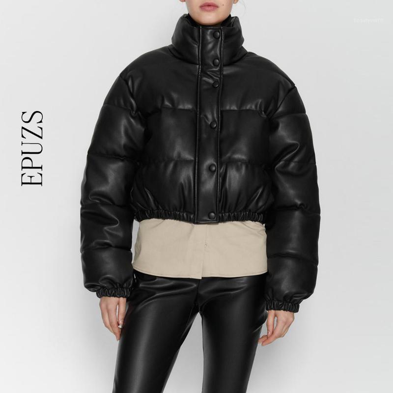 

Women Padded PU Coat Fur Leather Parka Jacket Warm Croped Long Sleeve Outwear Motorcycle Black Short Women's & Faux, Khaki