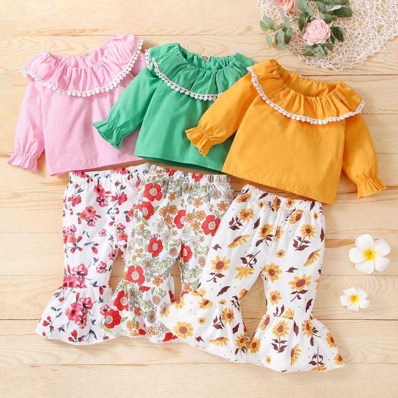

Clothing Sets 6M-4Y Fashion Toddler Girls Set Long Sleeve Ruffle Pullover +Floral Printed Flare Pants Kids Outfit Spring Girl Clothes, White