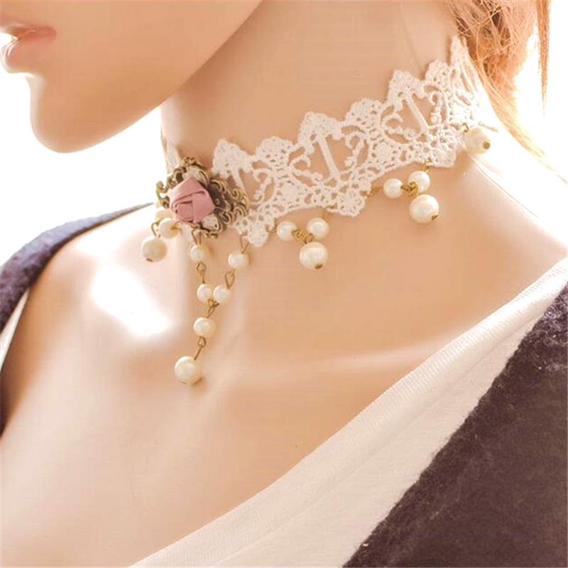 

White Vintage Victorian Rock Gothic Lace Necklace Vampire Cosplay Costume Choker Decoration Flower Pink Rose Pendant Chokers