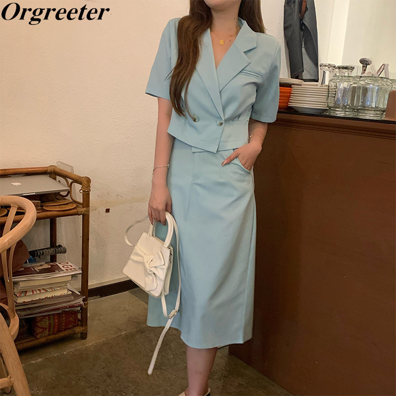

Summer Two piece set Women Solid Notched Short Sleeve Thin Coat and High waist Long Skirt Elegant Ensemble femme 2 Piece Outfits 210525, Blue