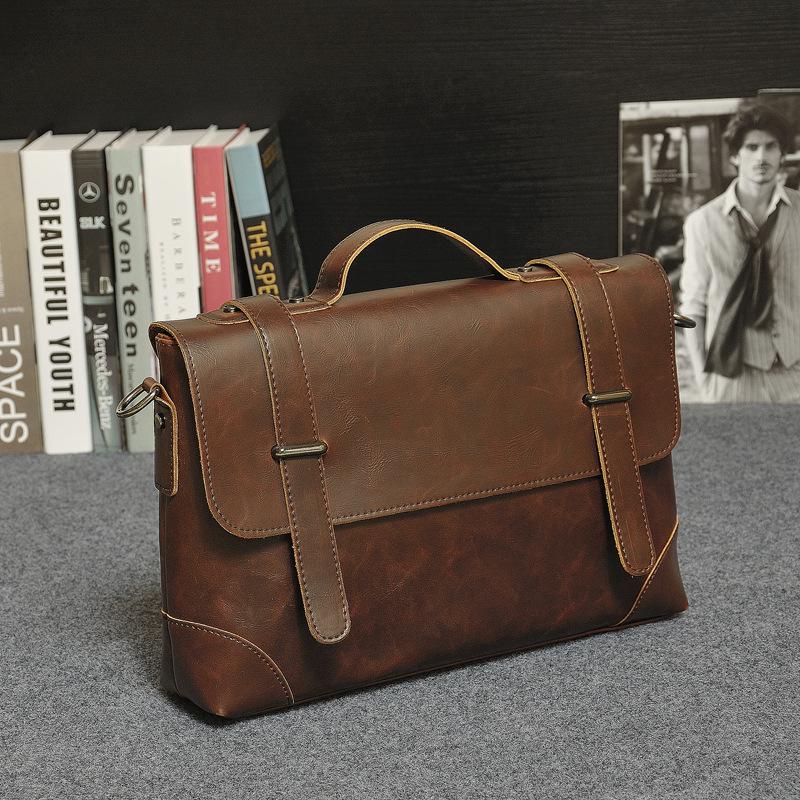 

Factory wholesale men bag retro portable high quality male package business mens crazy horse leather briefcase bags, Brown