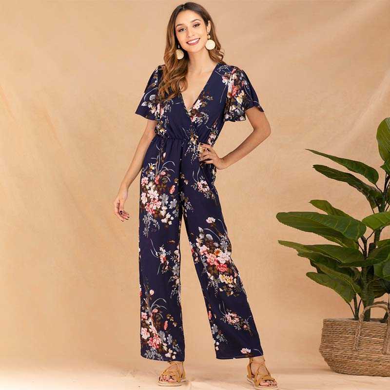 

England Style V Neck Short Sleeve Print High Waist Wide Leg Pants Rompers Loose Casual Ankle-length Jumpsuits 210604, Dark blue