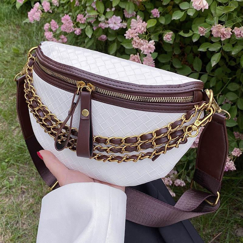 

Waist Bags Retro Small Women's Fanny Packs Fashion Weave Leather Shoulder Crossbody Chest Luxury Chain Handbags Female Belt, Beige