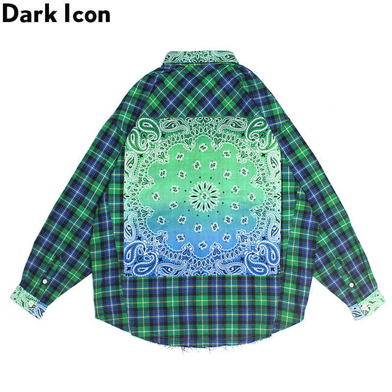 

Bandana Plaid Street Shirt Men Long Sleeve Checkered Hip Hop Men's Shirts Streetwear Clothes 210603, Green plaid shirt
