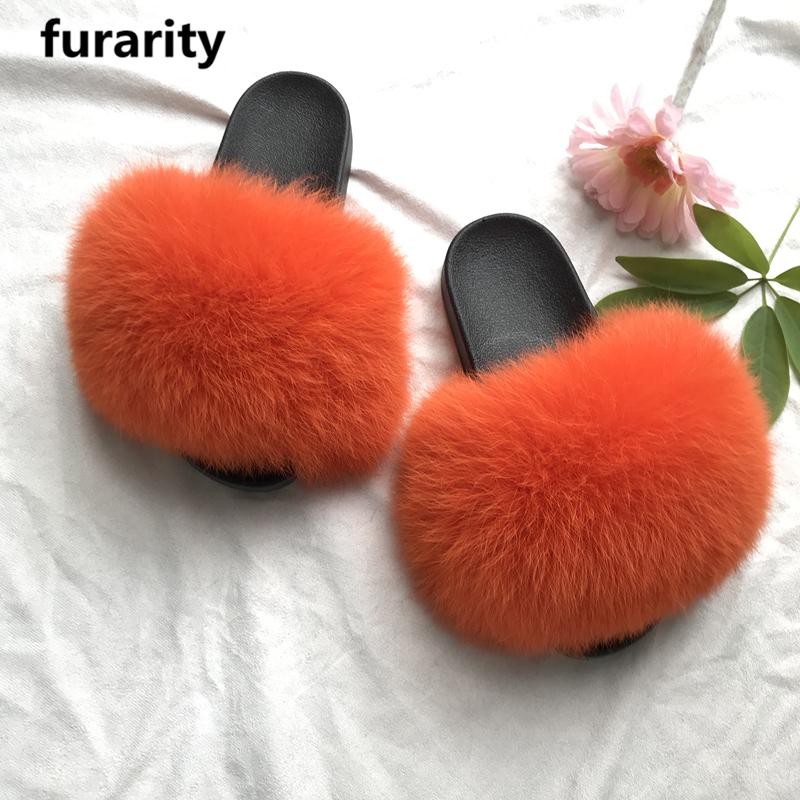 

Slippers SF0323 Fur Slides Women's Real Shoes Flip Flops Flat Fluffy, Black