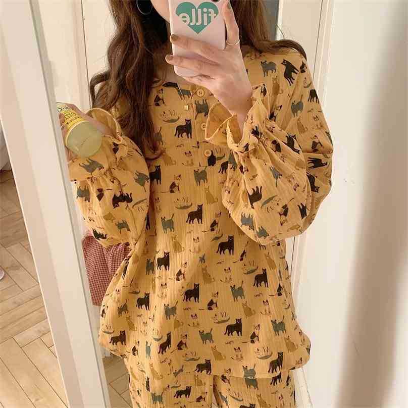 

Women Vintage Cat Printing Fashion Spring Gentle Casual High Quality Loose All Match Femme Pajamas Sets 210525, Blue