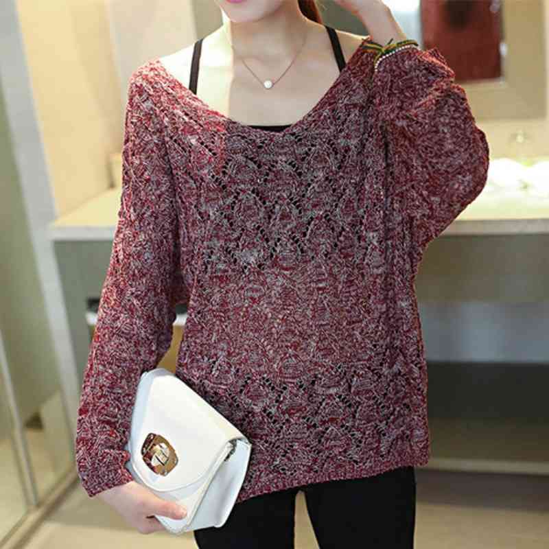 

autumn loose V-neck thin section openwork sweater solid color coat female head bat sleeve 210527