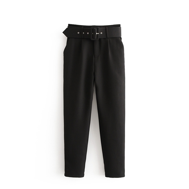 

black suit pants woman high waist pants sashes pockets office pants fashion autumn middle aged women bottoms 210518