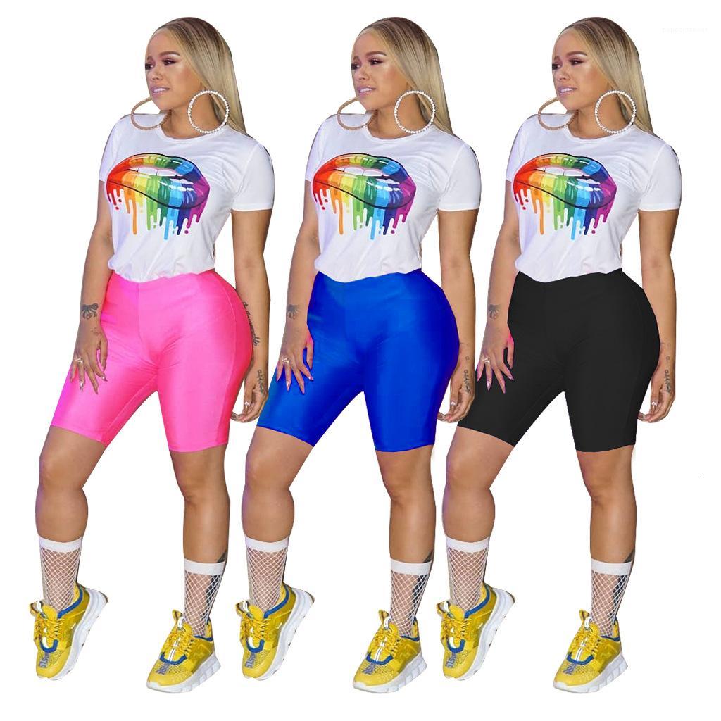 

Women's Two Piece Pants 2pcs Female Sports Clothing Sets Summer Women S Designer Tracksuits Colorful Lip Printed Tshirts Skinny Shorts, Blue
