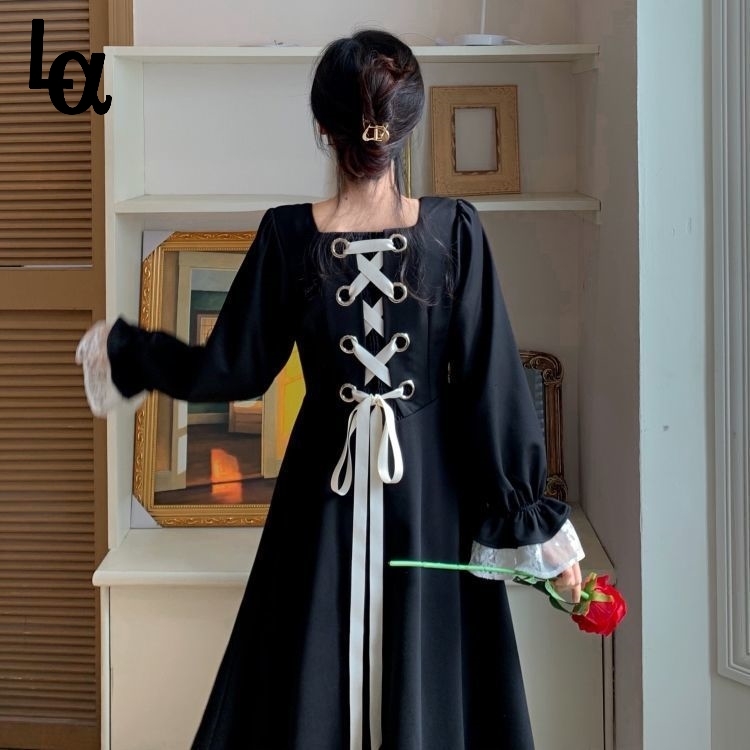 

Women Black Lace Ruffle Long Sleeve Bandage France Retro Dress Romantic Elegant Party Vestidos A-line Simple 210519