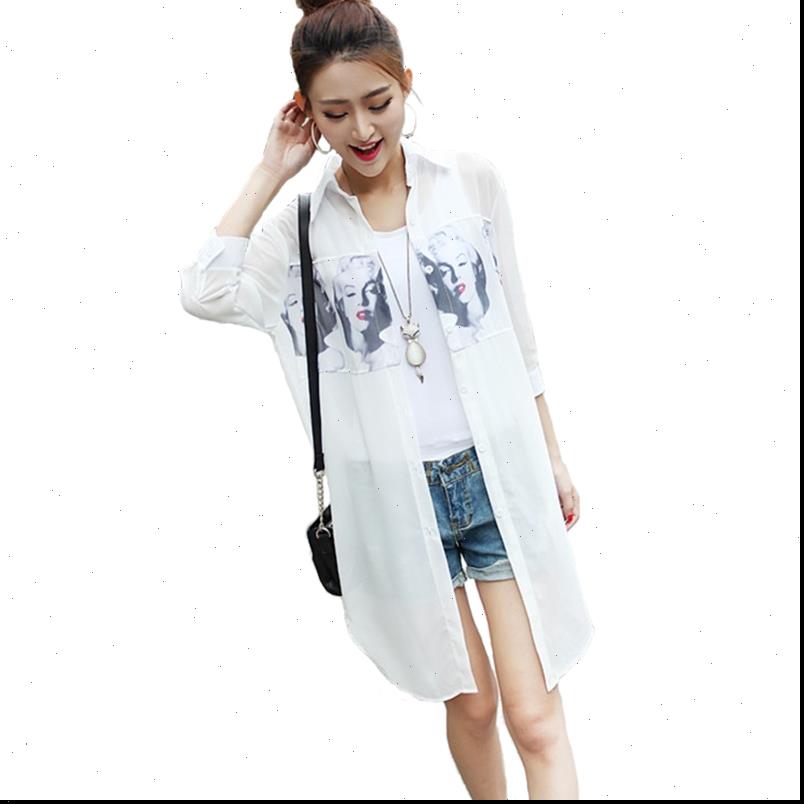 

fashion women shirt chiffon blouse summer digital print long sun protection female elegant casual shirts a2638, White