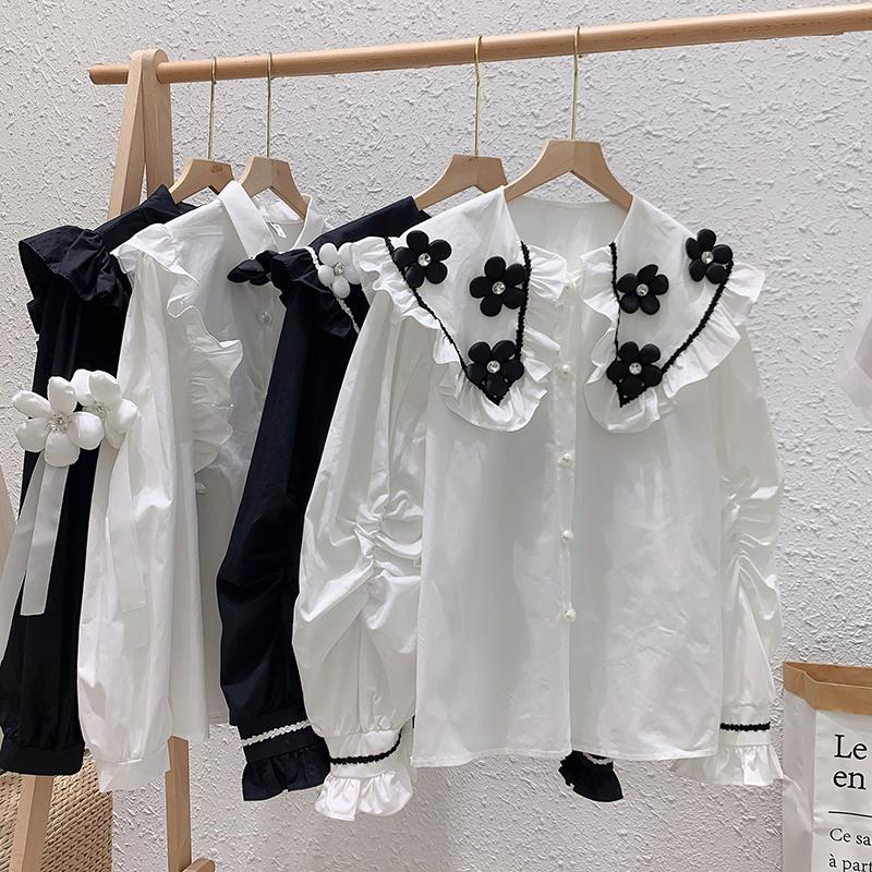

Women's Blouses & Shirts Vintage Black Floral White Shirt Women Long Sleeve Ruffles Tops And Blouse England Style Blusas Mujer