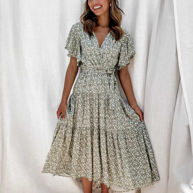 

Ruffle Long Beach Dress Women Summer Floral Printed Boho Maxi es With Belt Female A Line Butterfly Short Sleeve Party 210526, Blackish green