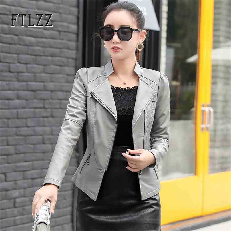 

women biker jackets spring autumn slim long sleeved zipper moto style black coats ladies plus size faux leather 210525