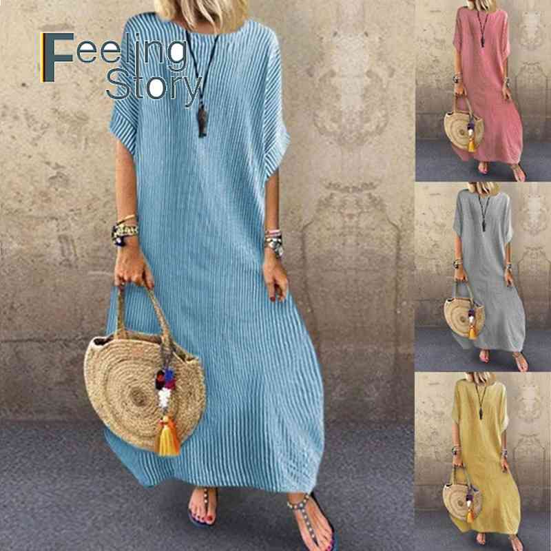 

Vertical Striped Dress O-Neck Batw Sleeve es Casual Plus Size Summer Women Long Arrival 210603, Red