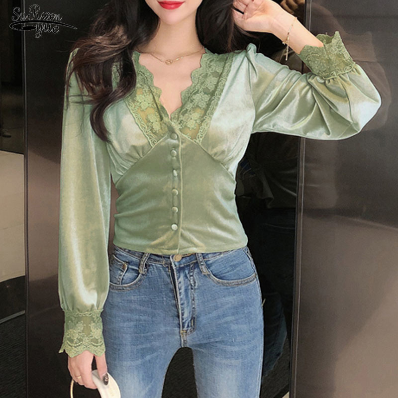 

Sexy Lace V-neck Vintage Pleuche Blouse Women Office Lady Clothes Solid Long Sleeve Korean Tops Chemisier Femme 10563 210521, Black