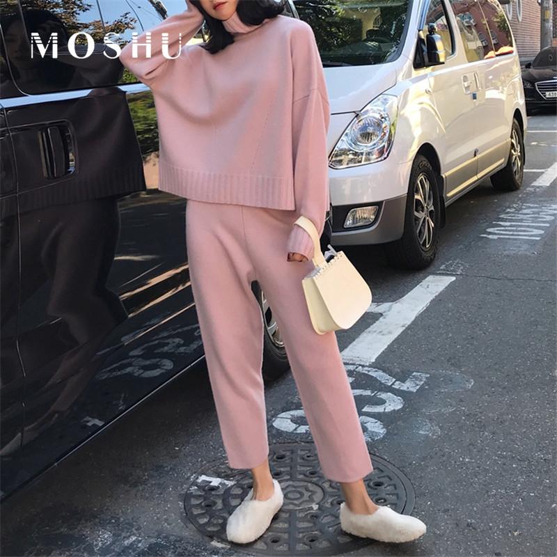 

Women's Two Piece Pants 2 Set Women Turtleneck Long Sleeve Loose Shirts 9/10 Korean Style Casual 2021 Autumn Winter Tracksuit, White