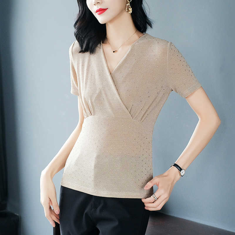 

Women's Shirt Knitted Fabric Vintage Blouses for Women Short Sleeve Woman Tops V-neck Diamonds Female Basic Shirts 210604, Black