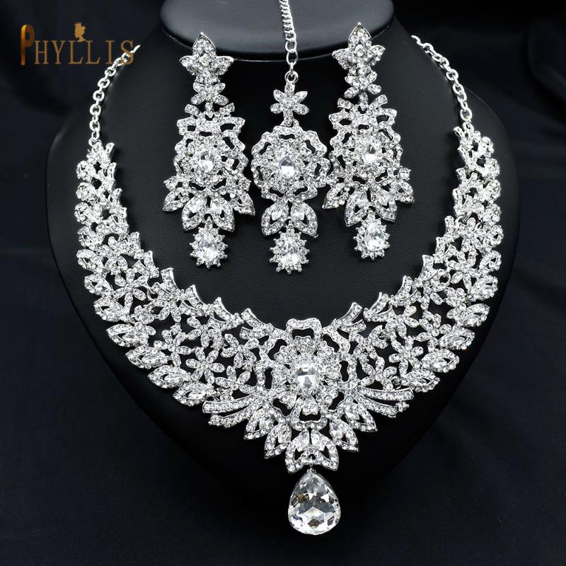 

Earrings & Necklace C30 Baroque Crystal Bridal Jewelry Sets For Women Rhinestone Tiaras Fashion Prom Wedding Set, Silver