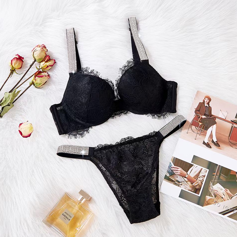 

2 Piece Bikinis Set Letter Sexy Bras Rhinestone Underwear Women Sets Pink Brand Comfort Push Up Plus Size Bra Panty Lingerie Set, Vsd1