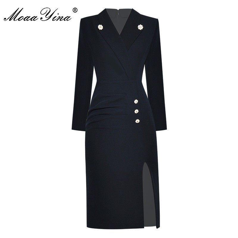 

Fashion Designer dress Summer Women's Dress V-neck Long sleeve Ruched Slim Package buttocks Split Dresses 210524, Navy blue