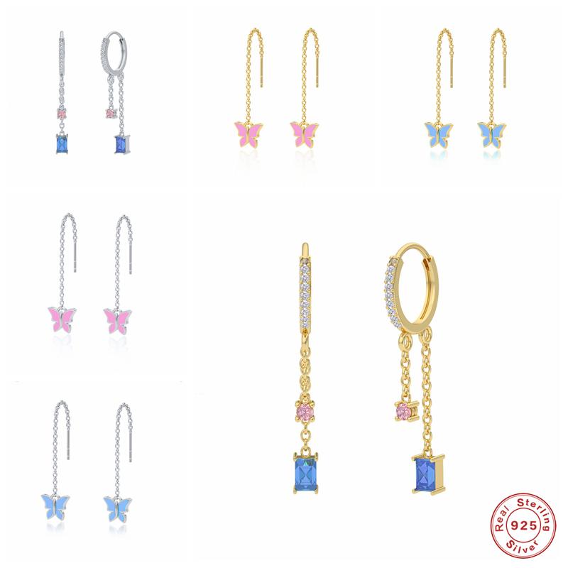 

Dangle & Chandelier GS 925 Sterling Silver Long Thin Chain Tassel Drop Earring For Women Gift Blue Pink Enamel Butterfly Pendant Threader Ea