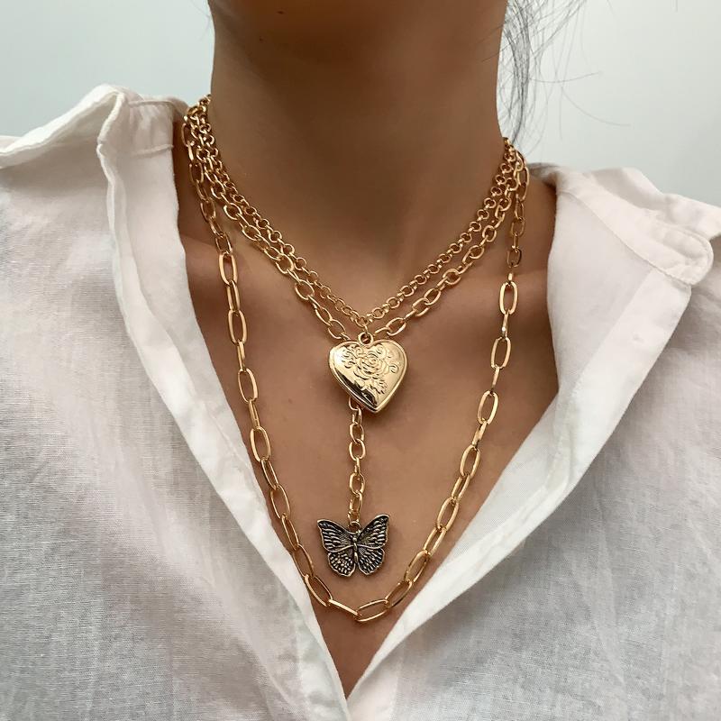 

Pendant Necklaces Geometry Heart Vintage Butterfly Necklace Fashion Choker For Women Jewelry Steampunk Accessories Iron Chain, Silver