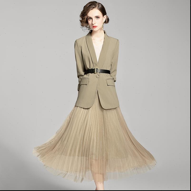 

fashion professional suit casual mesh womens dresses fold half skirt two piece exquisite elegant lady, White