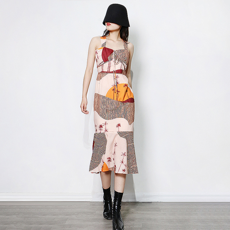 

Women Trumpet/Mermaid Dress Summer Fashion Spaghetti Strap Flower Print Bow Slim Long Beach Holiday Dresses, Green