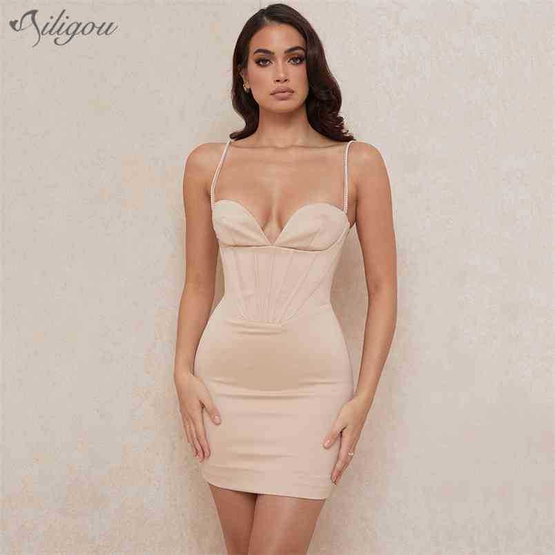 

Summer Ladies Apricot Mini Dress Vestidos Sexy V-Neck Diamond Spaghetti Strap Bodycon Celebrity Party 210525