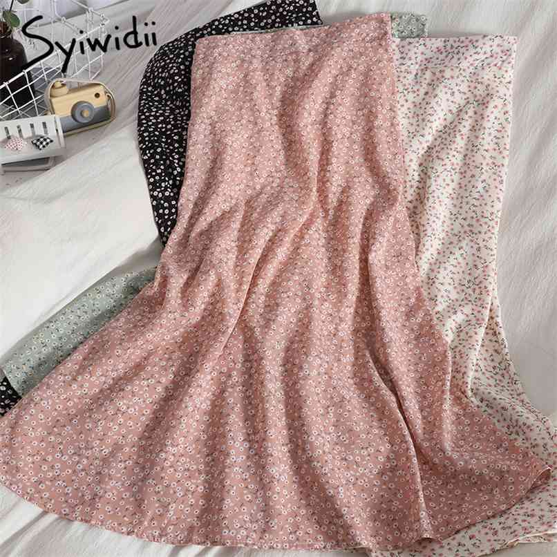 

Boho Floral Print Chiffon Skirt for Women Black Elastic High Waist Autumn Summer Pink Green Midi Skirts 210607
