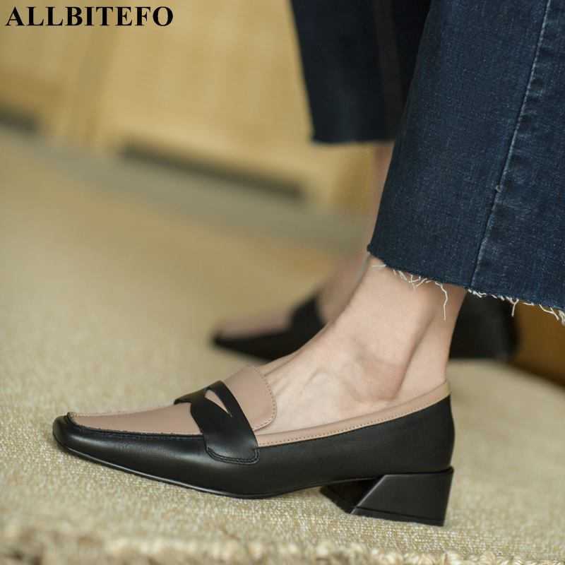 

ALLBITEFO square toe soft natural genuine leather women heels shoes brand fashion leisure girls high heel shoes high heels 210611, As picture