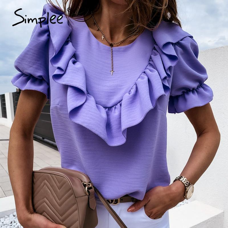 

Women's Blouses & Shirts Simplee Casual crew neck ruffle women blouse shirt Bubble sleeves short female tops blouse High street s, Purple